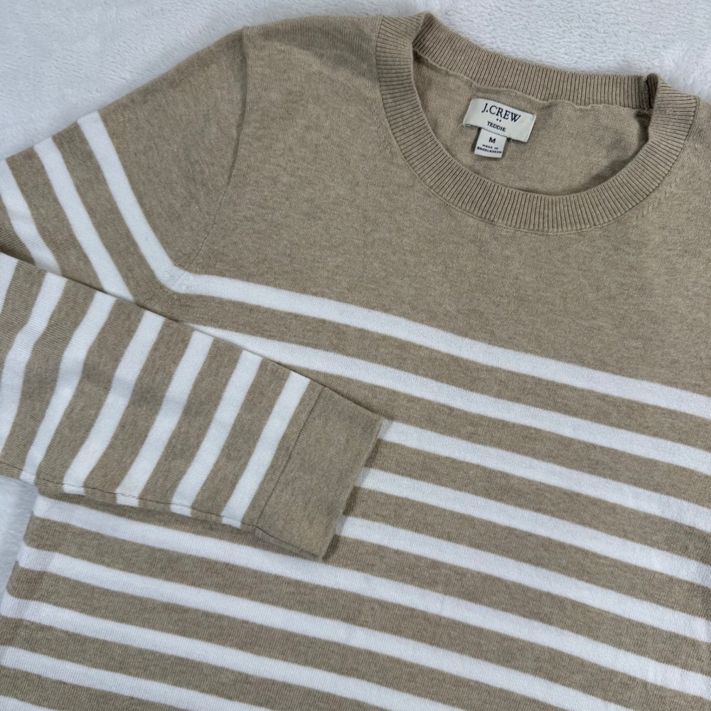 J.Crew Teddie Sweater Womens Medium Tan White Striped Cotton Crewneck CG827